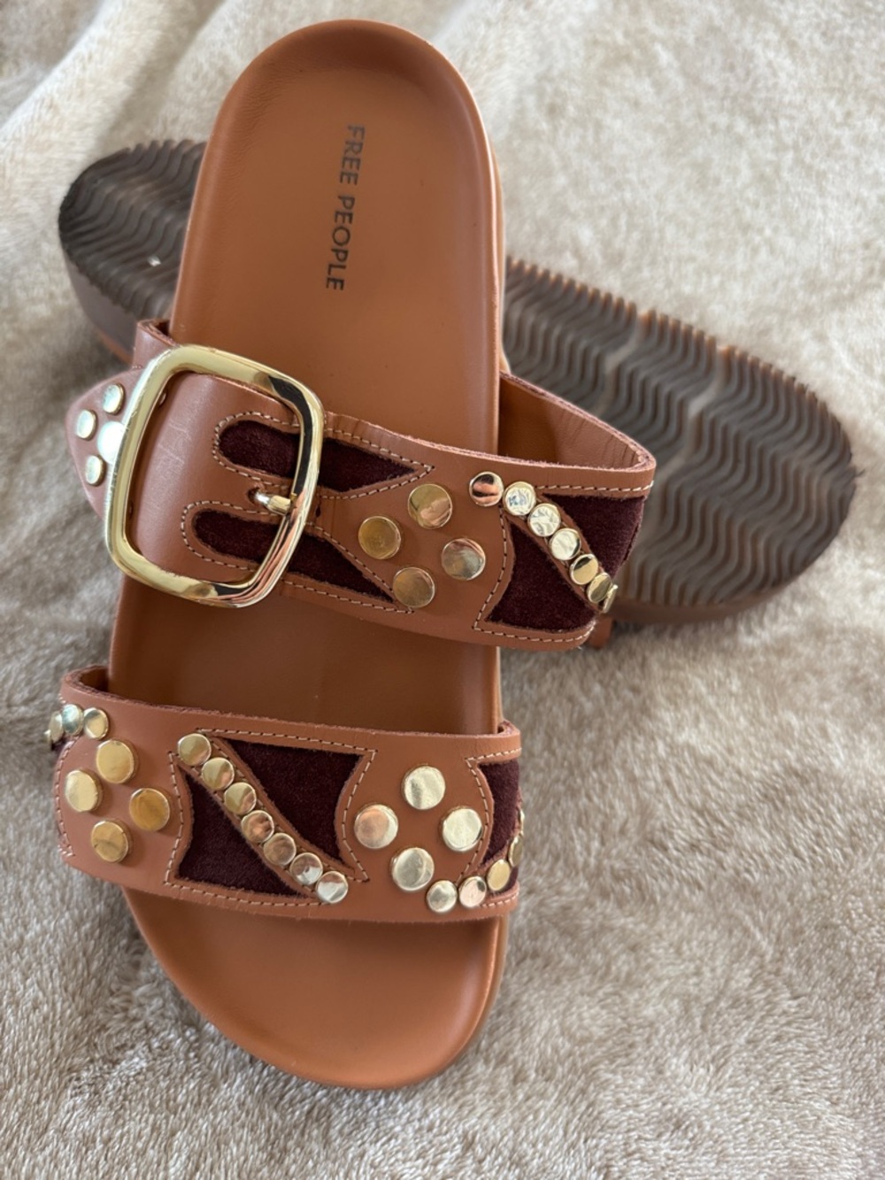 Free People Brown Leather Slide Sandals with Gold Studs - Picture 5 of 11
